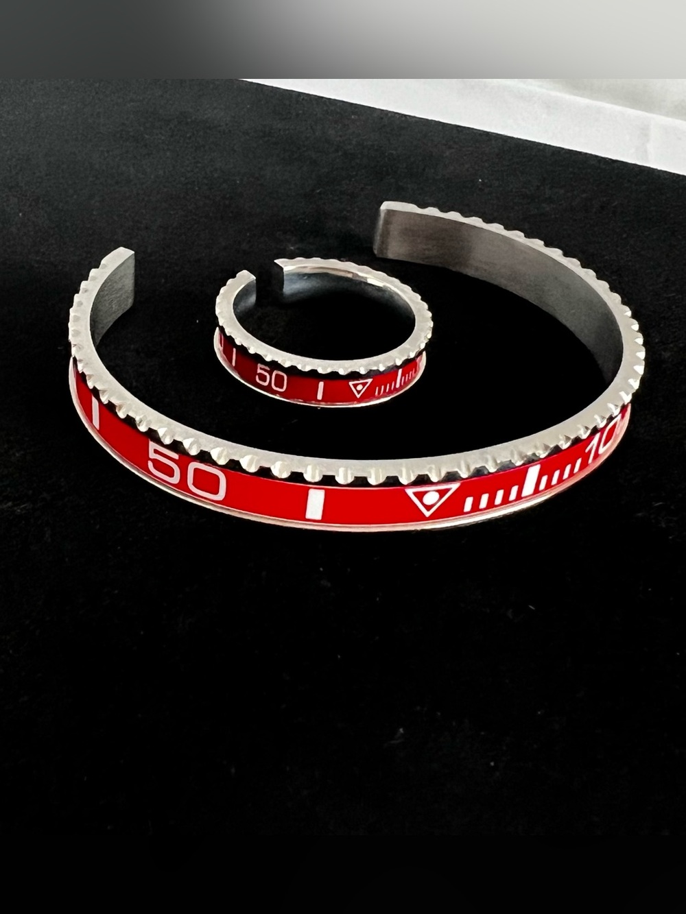 Men’s Stainless Steel Red Enamel Watch-Inspired Ring & Cuff Bracelet Set Size 12